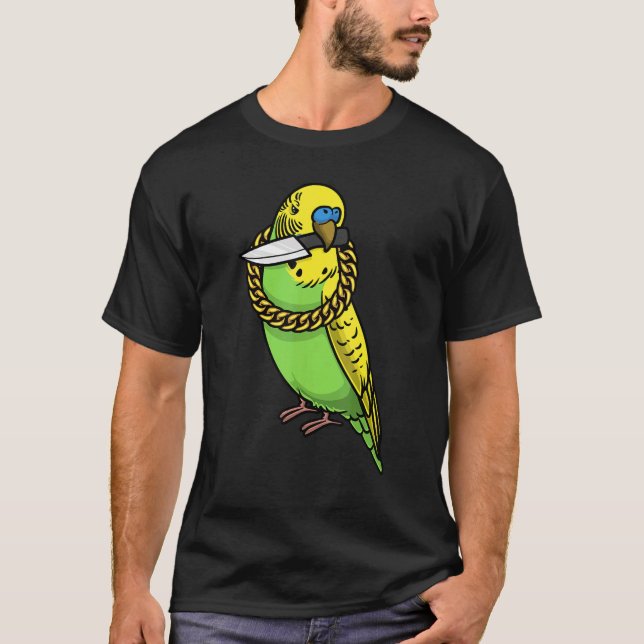 Budgie Parrot Budgerigar Bird med Knivar T Shirt (Framsida)