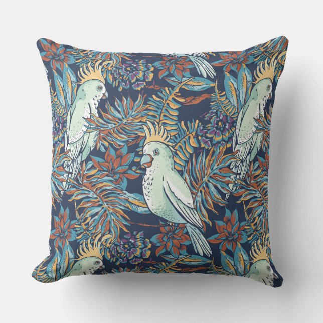 Budgie Rainforest Flowers Foliage Blue Background Kudde (Framsida)