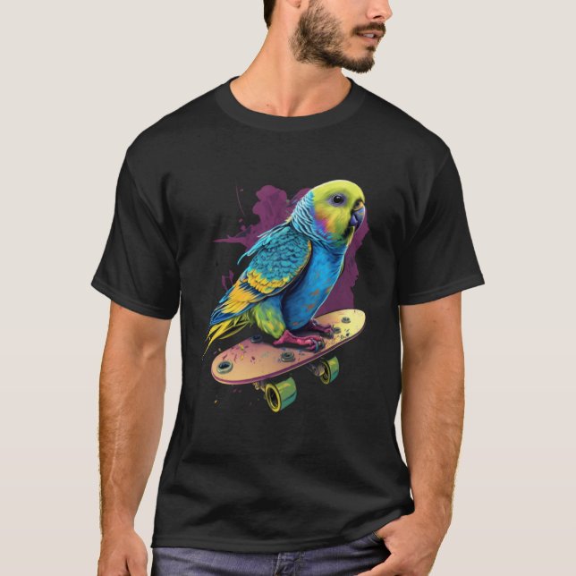 Budgie Skateboard Budgerigar Parakeet Bird T Shirt (Framsida)