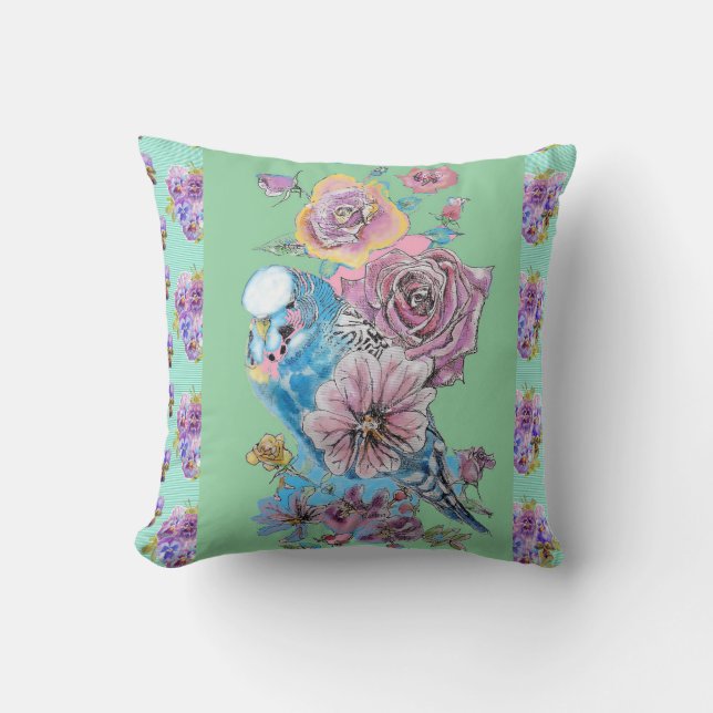 Budgie Undulat Rosa Akvarell blommig Kudd Kudde (Framsida)
