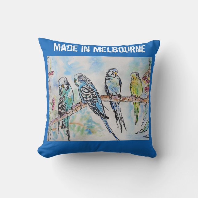 Budgie Undulatör Fågel Tillverkad I Melbourne  Kudde (Framsida)