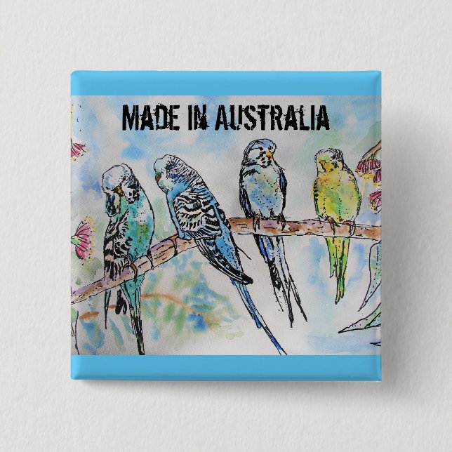 Budgie Watercolor Bird Cute Made in Australia Knapp (Framsida)