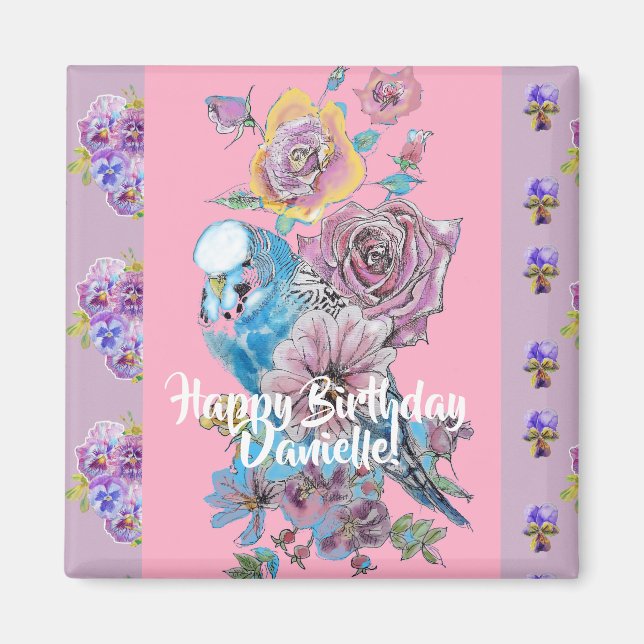 Budgie Watercolor blommigt Dam Birthday Magnet (Framsidan)