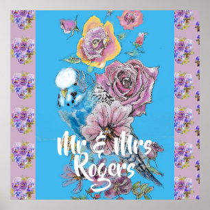 Budgie Watercolor blommigt lilac Newlyged Poster