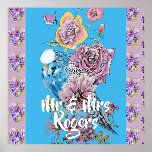 Budgie Watercolor blommigt lilac Newlyged Poster (Framsidan)