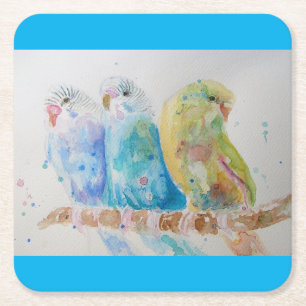 Budgie Watercolor Painting bird Cushion Aqua Teal Underlägg Papper Kvadrat