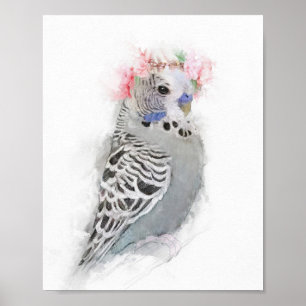 Budgie Wearing a Flower Krona Porträtt Poster