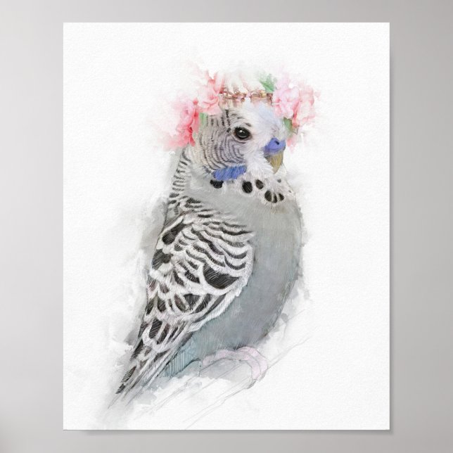 Budgie Wearing a Flower Krona Porträtt Poster (Framsidan)