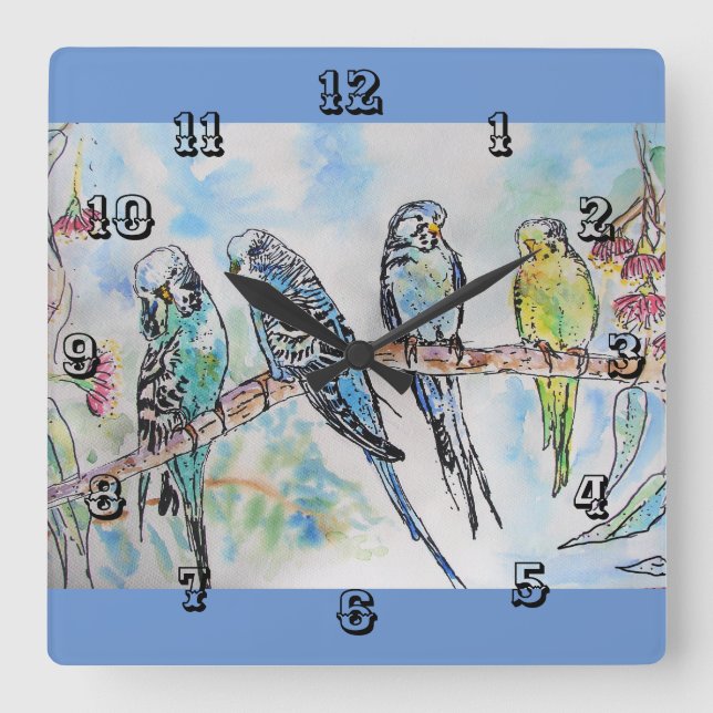 Budgies Budgie Budgerigar Bird Room Clock Fyrkantig Klocka (Framsida)