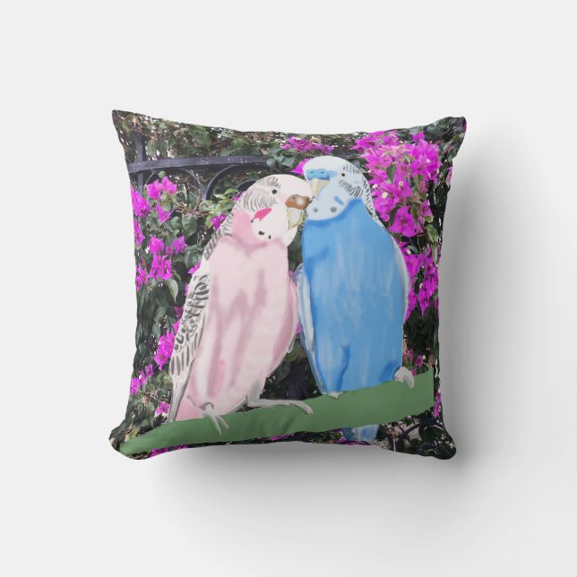 Budgies och Pinky Mauve Bougainvillea Kudde (Framsida)