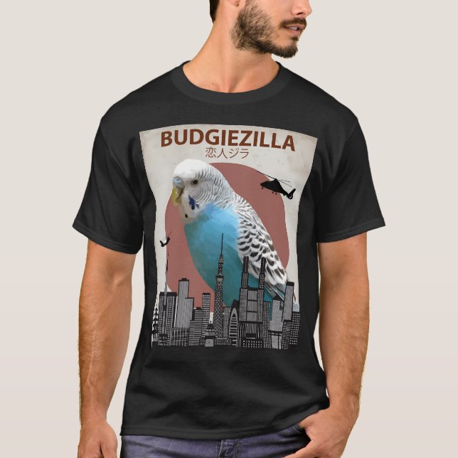 Budgiezilla Budgie Budgerigar Parakeet Giant Parro T Shirt (Framsida)