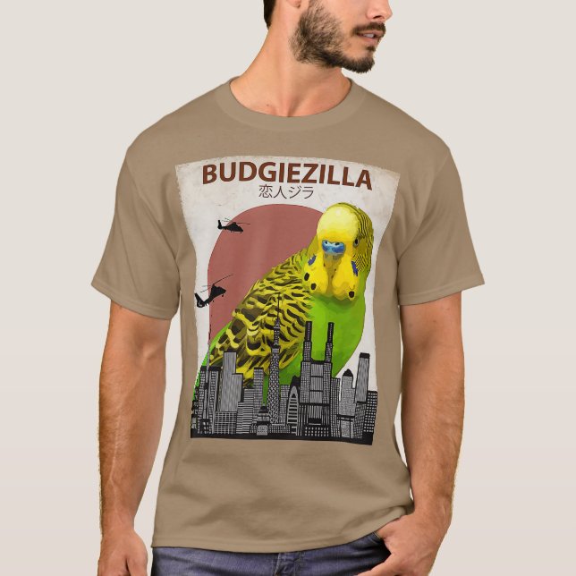 Budgiezilla Budgie för Budgerigar Parakeet T Shirt (Framsida)