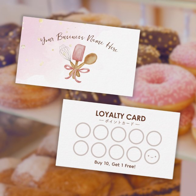 Buery Pastry Chef Utensil Cute Rosa Loyalty Card Visitkort (A loyalty card for pastry chefs and bakeries, with cute pink baking utensil design)