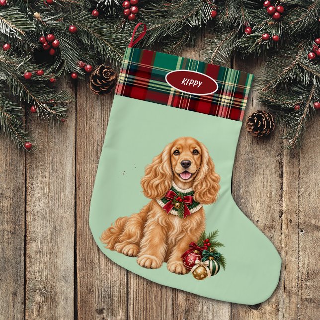 Buff Cocker Spaniel Hund Rutat Gräns  Stor Julstrumpa (Skapare uppladdad)