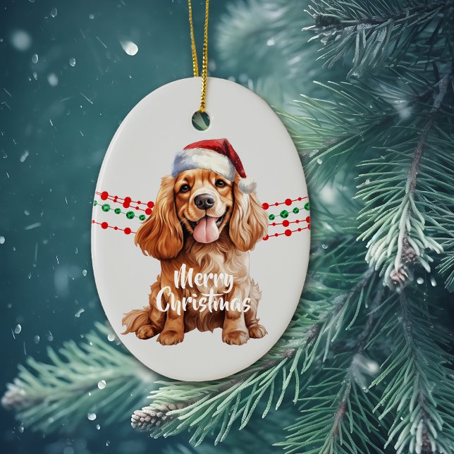Buff Cocker Spansk Santa Hat Helgdag Pärlor Julgransprydnad Keramik (Skapare uppladdad)