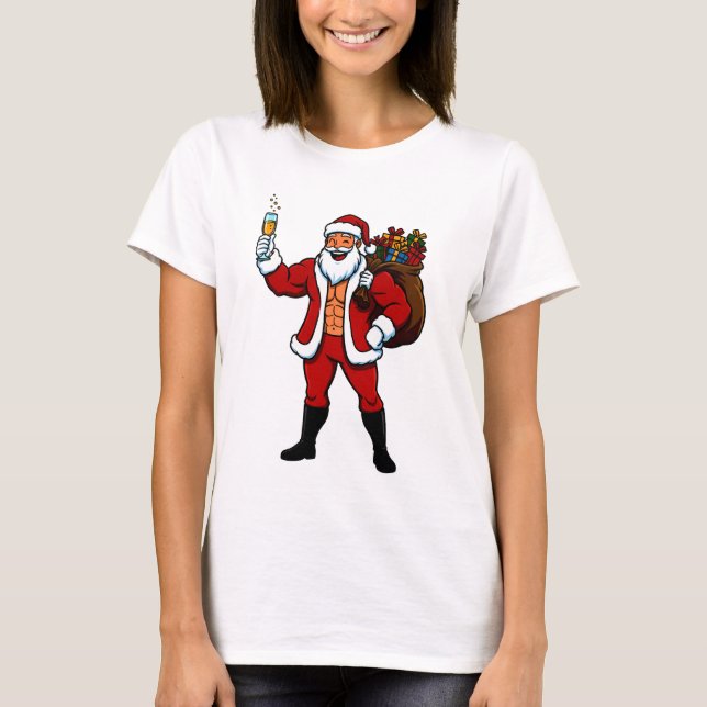 Buff Santa Cheers! Ripped Santa Claus with Champag T Shirt (Framsida)