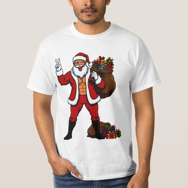 Buff Santa Peace Sign! Ripped Abs & Funny Christma T Shirt (Framsida)