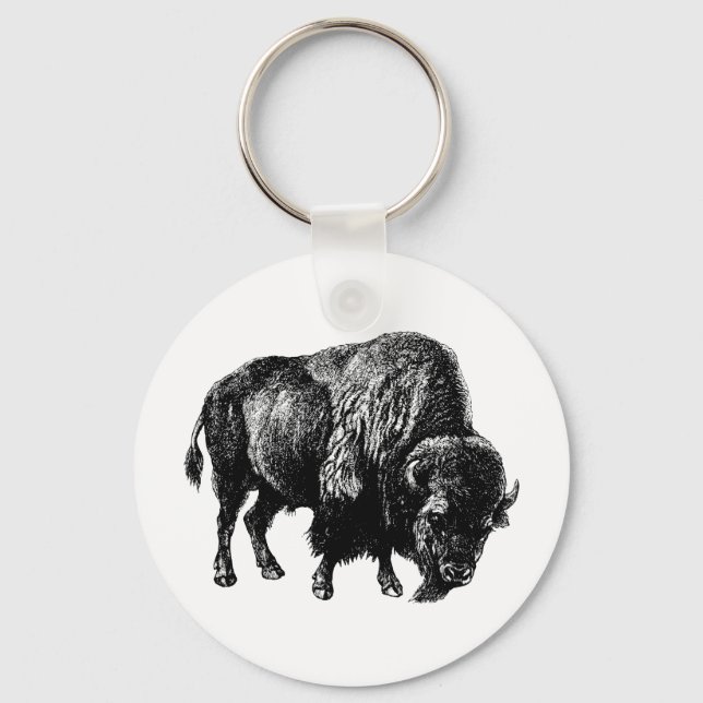 Buffalo American Bison Vintage Wood Engrave Nyckelring (Framsida)