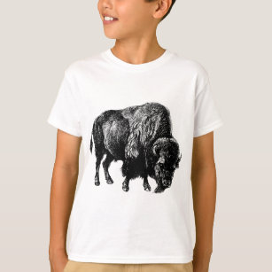 Buffalo American Bison Vintage Wood Engrave Tee Shirt
