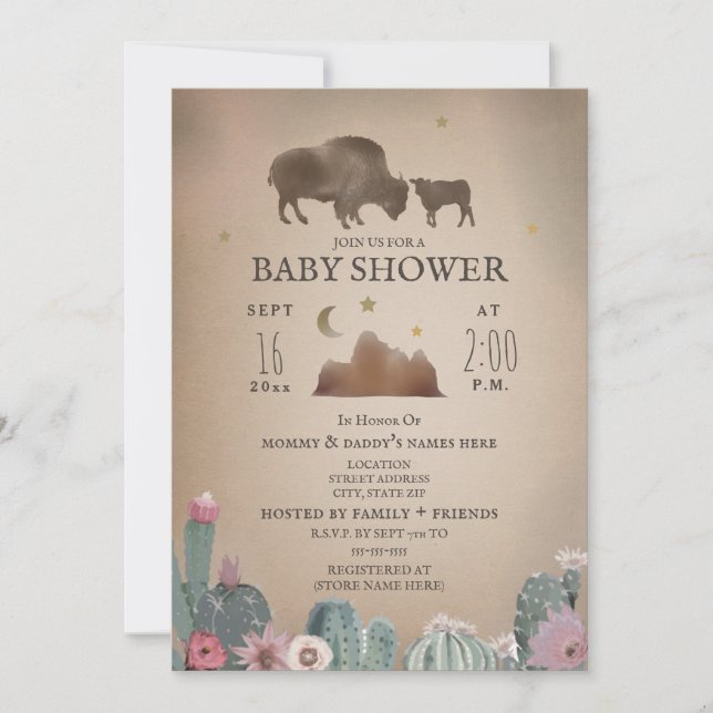 Buffalo Bison Desert Blommigt Girl Baby Shower Inbjudningar (Framsida)