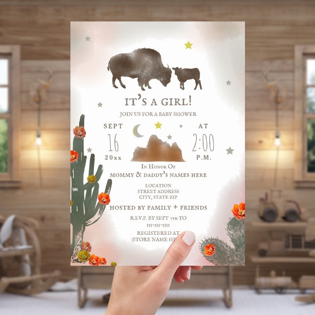 Buffalo Bison Desert Cactus Girl Baby Shower Inbjudningar (Skapare uppladdad)