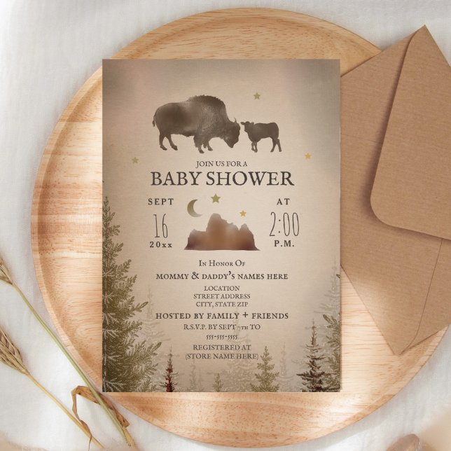 Buffalo Bison Desert Evergreen Baby Shower Rustic Inbjudningar (Skapare uppladdad)