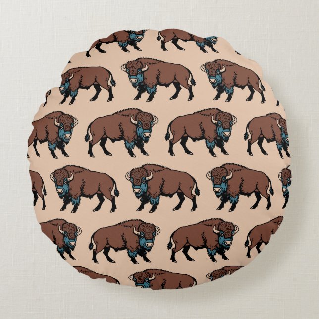 Buffalo Bison Mönster Rund Kudde (Framsidan)