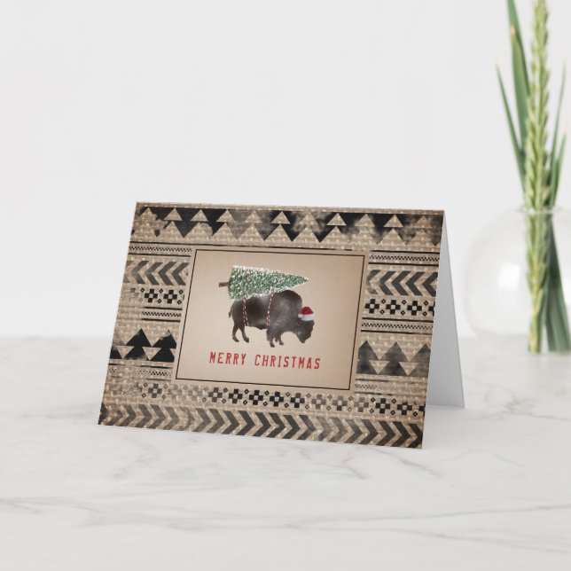 Buffalo Bison Santa God Jul Trä Jute Helgkort (Framsida)