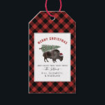 Buffalo Bison Santa God jul Träd Red Play Presentetikett<br><div class="desc">Illustration av en buffel som bär en tomathatt med ett snö täckt Julgran som är bunden till ryggen. Gräns är svart och rödbuffel i mönster.</div>