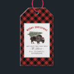 Buffalo Bison Santa God jul Träd Red Play Presentetikett<br><div class="desc">Illustration av en buffel som bär en tomathatt med ett snö täckt Julgran som är bunden till ryggen. Gräns är svart och rödbuffel i mönster.</div>