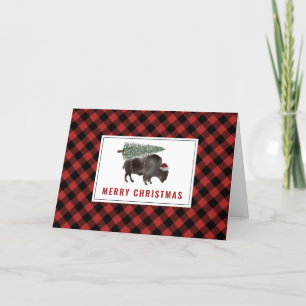 Buffalo Bison Santa God Jul Träd Röd Plaid Helgkort
