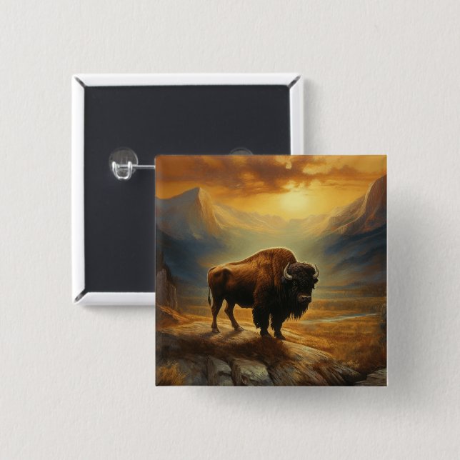 Buffalo Bison Solnedgång Silhuett  Knapp (Framsida & baksida)