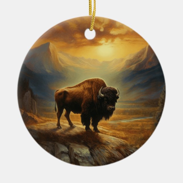 Buffalo Bison Sunset Silhouette Julgransprydnad Keramik (Framsidan)