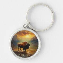 Buffalo Bison Sunset Silhouette Rund Silverfärgad Nyckelring