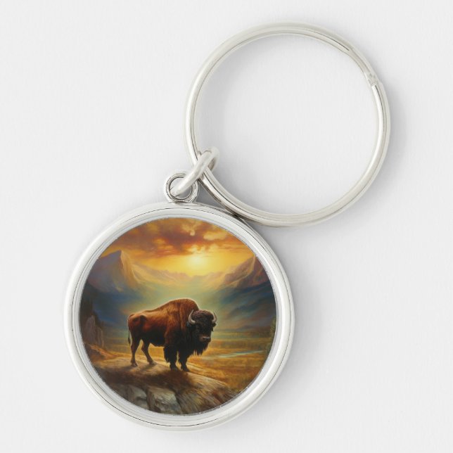 Buffalo Bison Sunset Silhouette Rund Silverfärgad Nyckelring (Framsidan)
