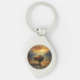 Buffalo Bison Sunset Silhouette Swirl Silverfärgad Nyckelring