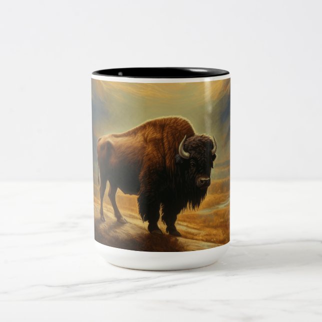 Buffalo Bison Sunset Silhouette Två-Tonad Mugg (Center)