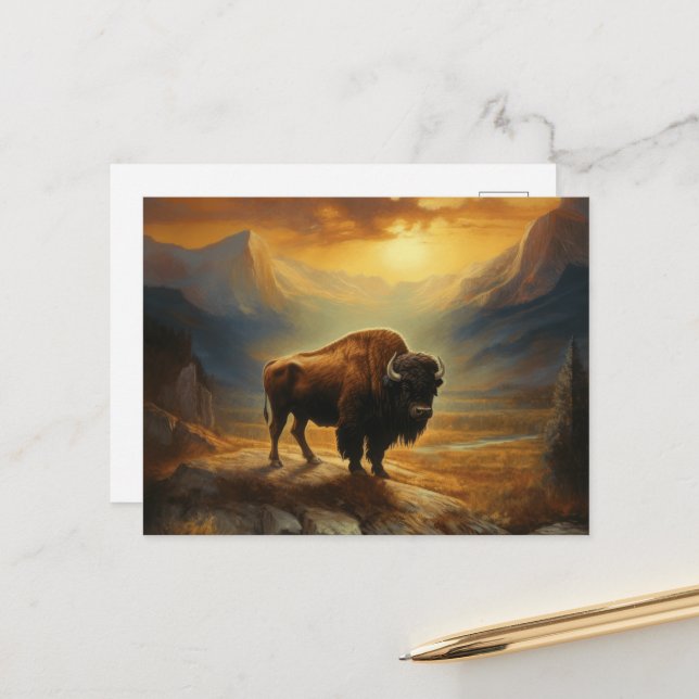 Buffalo Bison Sunset Silhouette Vykort (Fram/Back In Situ)