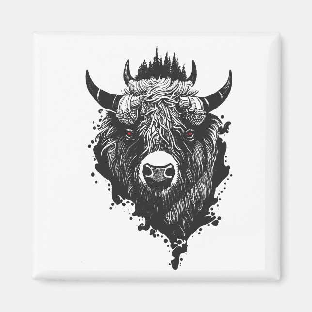 Buffalo Bison Vild Animal Nature Illustration Art Magnet (Framsidan)