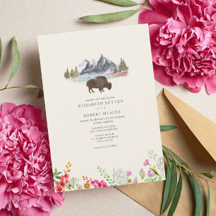 Buffalo Bison Watercolor Mountains Blommigt Bröllo Inbjudningar