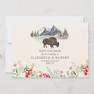 Buffalo Bison Watercolor Mountains Blommigt Bröllo Spara Datumet