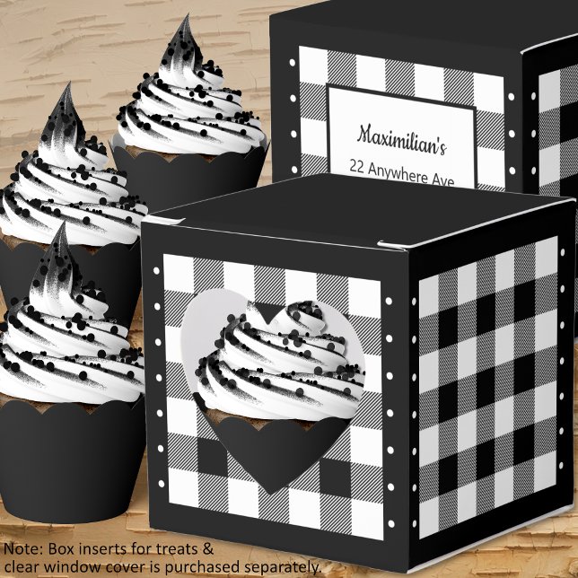 Buffalo Check - Black and White - Heart Favoritbox Presentaskar (Buffalo Check - Black and White - Heart Favor Box - Cupcakes - by Leapfroglisics Shop)