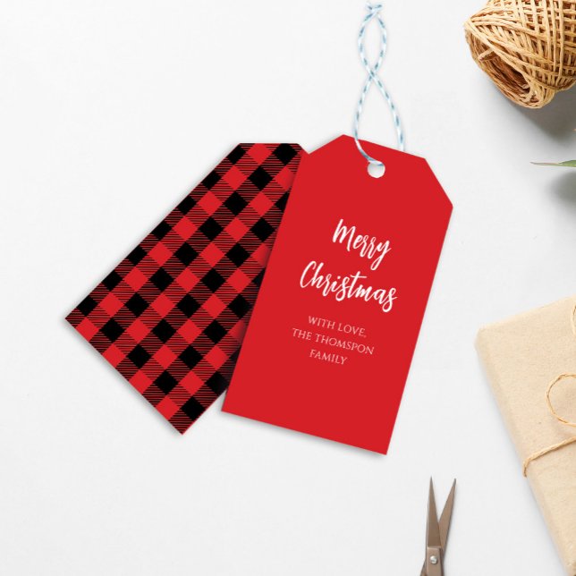Buffalo Check för god jul-kalligrafi Presentetikett (Merry Christmas calligraphy script buffalo check pattern gift tag. )