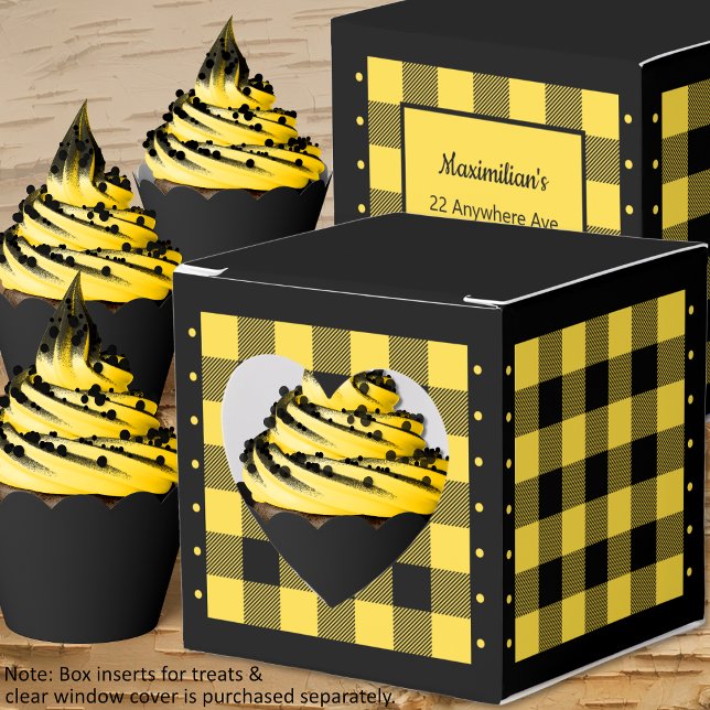 Buffalo Check - Gult and Black - Heart Favbox Presentaskar (Buffalo Check - Yellow and Black - Heart Favor Box - Cupcakes - by Leapfroglisics Shop)