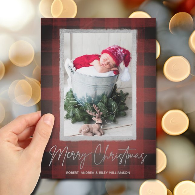 Buffalo Check-julfoto Julkort (Silver Merry Christmas on buffalo check holiday photo  cards)