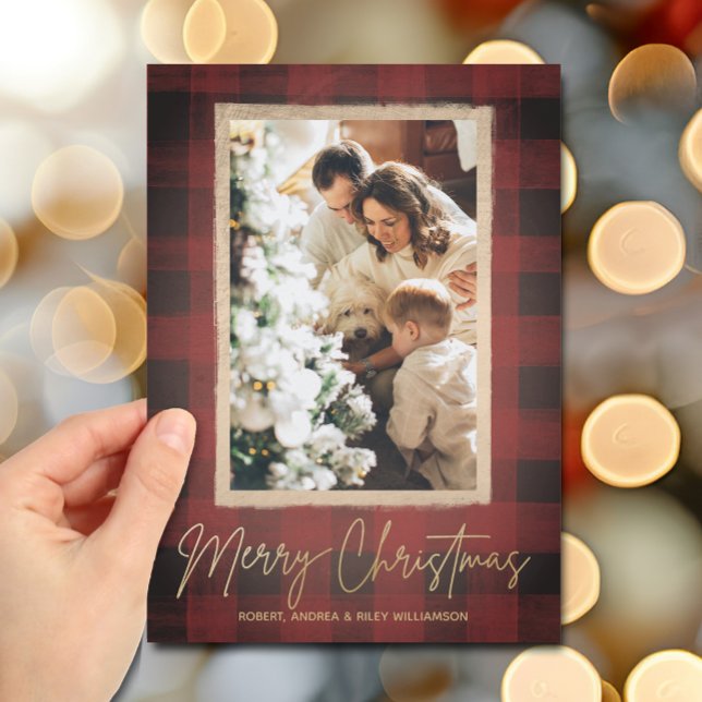 Buffalo Check-julfoto Julkort (Gold Merry Christmas on buffalo check photo holiday cards)