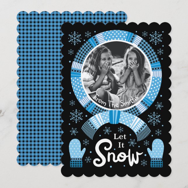 Buffalo Check Låt det snöa Photo Blue Black Julkort (Fram/baksida)