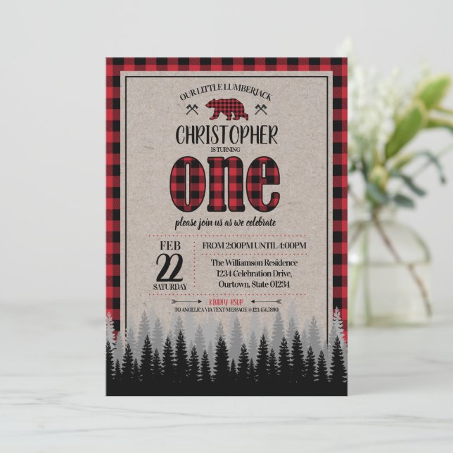 Buffalo Check Lumberjack Boy's 1a Birthday Inbjudningar (Stående Fram)