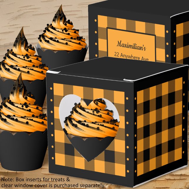 Buffalo Check - Orange och Svart - Hjärtformad pre Presentaskar (Buffalo Check - Orange and Black - Heart Favor Box - Cupcakes - by Leapfroglisics Shop)