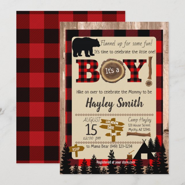 Buffalo Check Play Bear Lumberjack Baby Shower Inbjudningar (Fram/baksida)